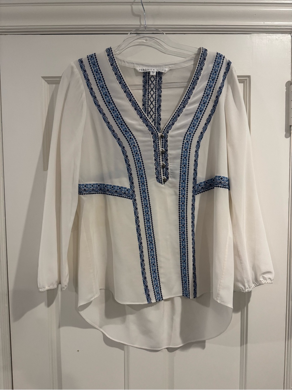 Veronica Beard White Peasant Blouse with Blue Trim